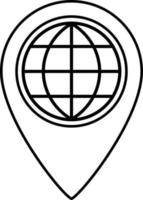 Map pin icon with globe in outline style, vector pointer.