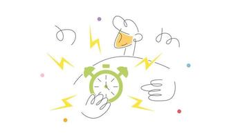 Hurry up. Outline office worker holding and pointing alarm clock , working overtime. Time is running out. Burning tasks, deadlines. Hard waking up and stress. Hand drawn flat illustration. vector