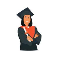 Smiling young asian lady student in graduation costume showing his diploma. Man graduate in mantle and academic square cap. Graduation ceremony, party. Hand drawn flat vector illustration of character