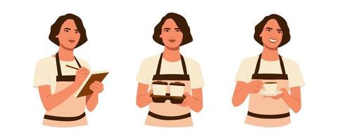 Set of young smiling girl barista wearing apron holding espresso, pen notebook, coffee cups box for clients. Working barista. Coffeeshop and cafeteria. Hand drawn vector illustration of character