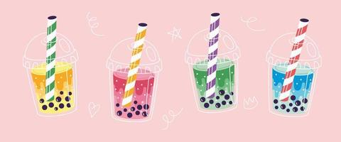 Set of four different Bubble tea cups. Taiwan milk tea with tapioca pearls. Boba  tea Yummy Beverages. Asian Taiwanese soft drink. Cartoon style. Hand drawn colored trendy illustration. vector