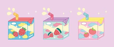 conjunto de tres sabrosas cajas de jugo. producto asiático de fresa, melocotón y sandía. linda leche brillante y sabrosa. estilo japonés kawaii. refresco en caja de papel. ilustración de moda de color dibujada a mano. vector