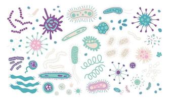conjunto de diferentes paquetes de microorganismos infecciosos en azul, rosa. colección de dibujos animados de gérmenes infecciosos, protestas, microbios. montón de enfermedades, causan bacterias, virus. ilustración plana dibujada a mano vector