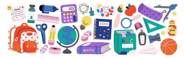 Set of study school supplies, backpack, pencils, brushes, paints, ruler, sharpener, stickers, calculator, books, glue, globe. Children's cute stationery subjects. Back to school. Flat illustration. vector