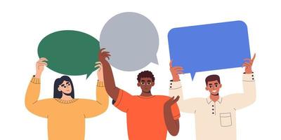 Group of people of various races are holding speech bubbles. Customer feedback, testimonial, online survey, communication, speech,chat. Social network dialogue. User satisfaction. Flat illustration. vector