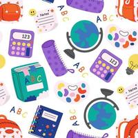 Children's cute colourful stationery pattern. School supplies background. Backpack, calculator, book, globe, pencils case. Back to school. For wallpapers, textile, fabric, web banner, wrapping paper.