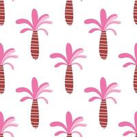 Seamless pattern of abstract tropical pink palms. Cute decorative jungle rainforest tree and plant. Summer tropical palm plantation. Beach kids doodle. Hand drawn colorful illustration vector