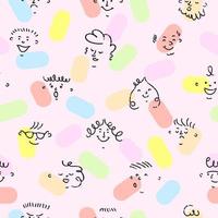 Vector colorful seamless pattern with hand drawn crayon abstract comic funny cute characters in modern cartoon style. For wallpaper, textile print, pattern fills, surface textures, wrapping paper