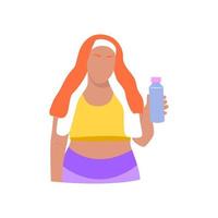 Plus size woman in a sports uniform holding drink water. Gym home. Healthy lifestyle, keeping fit, workout, motivation, sport. Body positive overweight woman. Hand drawn flat illustration