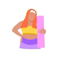 mujer de talla grande con uniforme deportivo sosteniendo colchoneta de yoga. gimnasio en casa. estilo de vida saludable, mantenerse en forma, entrenamiento, motivación, deporte. mujer con sobrepeso corporal positiva. ilustración plana dibujada a mano vector