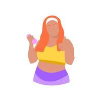 Plus size woman in a sports uniform holding dumbbell show thumb up. Healthy lifestyle, keeping fit, workout, motivation, sport. Body positive overweight woman. Hand drawn vector illustration