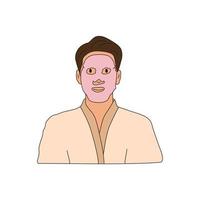 Portrait of man in bathrobe with facial sheet face mask for anti wrinkle, skin rejuvenation. Skin care and facial for men.Young man healthcare and skin face care. Hand drawn flat illustration vector