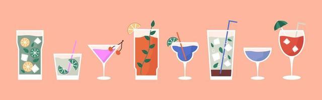 Set of cocktails,  alcoholic and non-alcoholic, soft  summer drinks with lemon, orange, lime and mint ice cubes. Classical drinks in different types of glasses. Hand drawn flat illustration. vector