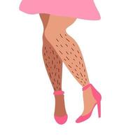 Female unshaved hairy legs in pink high heels. Before hair epilation. Skin care, woman love your body. Self Acceptance, Beauty Diversity, Body Positive. Hand drawn flat trendy illustration