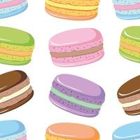 patrón sin costuras de lindo macarrón francés con relleno diferente. postre macaron tradicional. pequeños pasteles franceses. ilustración de comida de galletas dulces. ilustración plana de dibujos animados dibujados a mano. vector