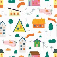 Seamless pattern of small tiny houses, trees, clouds, bush, pond in Scandinavian style. Cute trendy urban and village homes, building, residential city houses landscape. Hand drawn flat illustration.