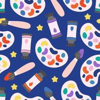 Children's cute colourful art supplies pattern. School artists stationery background. Painting accessories, paints, brush. Back to school. For wallpapers, textile, fabric, web banner, wrapping paper.