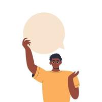 Man holding blank speech bubble above his head, inspiration, idea. Customer feedback, testimonial, online survey, communication, chat. Social network dialogue. User satisfaction. Flat illustration. vector