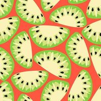 Seamless pattern of green kiwi on red. Trendy hand-drawn stylised sliced fruit. Childish summertime concept. Crazy coloured citrus wallpaper design for web banner, wrapping and print. vector