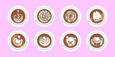 juego de café latte art en tazas en platillo. vista de arriba hacia abajo. variedad de dibujos de espuma de leche en taza de café capuchino. hoja, corazón, diseño de arte latte con forma de animal. ilustración de moda dibujada a mano. vector