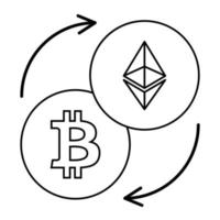 intercambio de criptomonedas, iconos de bitcoin y ethereum, ilustración de vector de esquema de negocios.