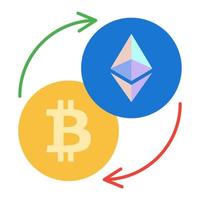 emblema de intercambio de criptomonedas, iconos de bitcoin y ethereum, ilustración de negocios de vectores de color plano.