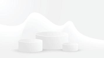 3D set white circle podium with shadow. Realistic cylinder mock up podium with minimal background decoration. Vector illustration