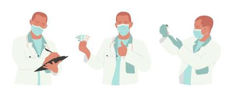 Set of men doctor in mask showing pills, writing in clipboard, checking analysis. Medical specialist in a white coat with stethoscope. Medical services, consult. Hand drawn flat illustration. vector