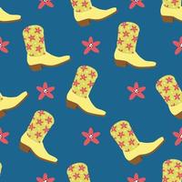 Seamless pattern of cartoon cowboy, cowboy boots with cute flowers on blue. Fashion style of the Wild West. Cowboy western, wild west concept. Hand drawn color flat illustration. vector