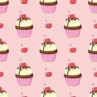 Seamless pattern of chocolate cupcake with cherry, souffle and colored sugar balls in cupcake paper on pink. Hand drawn cute cream pastries. Muffin dessert sweet, food. Bakery shop, cooking, tea party vector