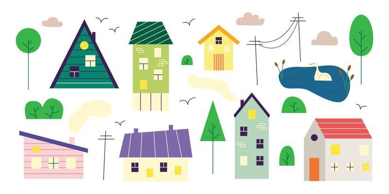Set of small tiny houses, trees, clouds, bush and pond in Scandinavian style. Trendy urban and village homes with windows, roof tiles and chimneys with smoke.  Hand drawn flat illustration.