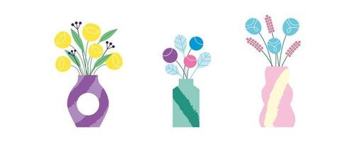 Set of modern abstract elegant bouquets of wild,garden blooming flowers in vases.Trendy decorative floral composition. Bunch of plants bouquet in textured vase. Hand drawn flat illustration vector