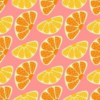 Seamless pattern of oranges and lemons on pink. Trendy hand-drawn stylised sliced fruit. Childish summertime concept. Crazy coloured citrus wallpaper design for web banner, wrapping and print. vector