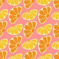 Seamless pattern of oranges and lemons on pink. Trendy hand-drawn stylised sliced fruit. Childish summertime concept. Crazy coloured citrus wallpaper design for web banner, wrapping and print. vector