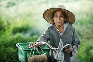 ancianos asiáticos felices andando en bicicleta en el parque foto