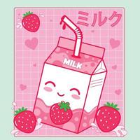 lindo kawaii fresa leche caja dibujos animados producto asiático coloreado de moda vector