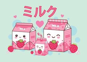 lindo kawaii fresa leche caja dibujos animados producto asiático coloreado de moda vector