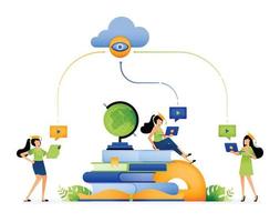 Design of students sitting on piles of books studying used cloud network technology access technology service. Illustration for landing page website poster banner mobile apps web social media ads etc vector