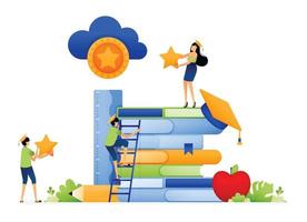 Design of students race up ladder of achievement for educational scholarships and tries to catch dream stars. Illustration for landing page website poster mobile apps web social media brochure ads etc vector