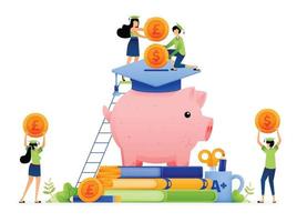 Design of students save in piggy bank raising money for university tuition fees. financial planning in college. Illustration for landing page website poster banner mobile apps web social media ads etc
