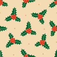 Retro Christmas seamless background with holly leaves and berries vector