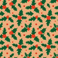 Retro Christmas seamless background with holly leaves and berries vector