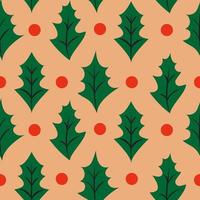 Retro Christmas seamless background with holly leaves and berries vector