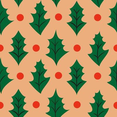 Retro Christmas seamless background with holly leaves and berries