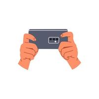 Hands holding mobile. Human with phone in hand take a picture or gaming. Flat vector illustration isolated on white background