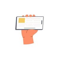Hand holding phone with app for news. Using smartphone screen with application for world news reading. Flat vector illustration isolated on white background