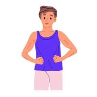 hombre fuerte mostrando sus músculos. hombre atlético en ropa deportiva. estilo de vida saludable, cuerpo atlético. ilustración vectorial plana
