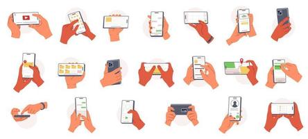 Hands holding smartphone set. People using different applications. Presses a finger on the screen. Hands holding mobile phone for work and rest. People handling with cellphones. Flat vector