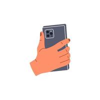 mano que sostiene el móvil. humano con concepto de teléfono en la mano. ilustración vectorial plana aislada sobre fondo blanco vector