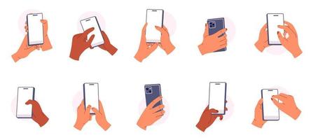 Set of hands holding the smartphone vertically. White smartphone screen. People handling with cell phones. Fingers touching screen. Flat vector illustration isolated on white background